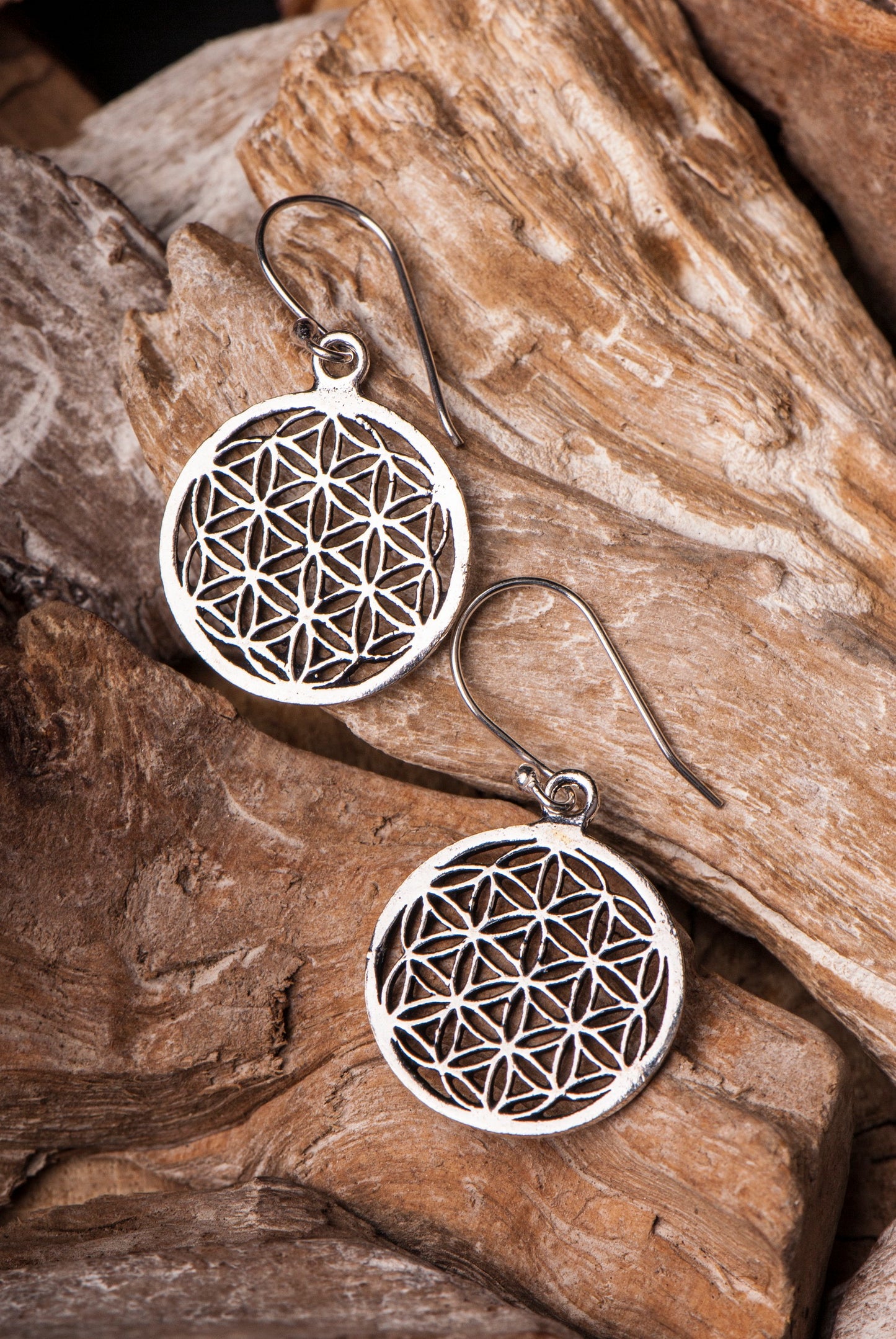 Blume des Lebens Ohrhänger, versilbert aus Messing Ø 2,4 cm