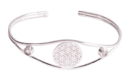 Blume des Lebens Armreif mit weißem Topas, offen